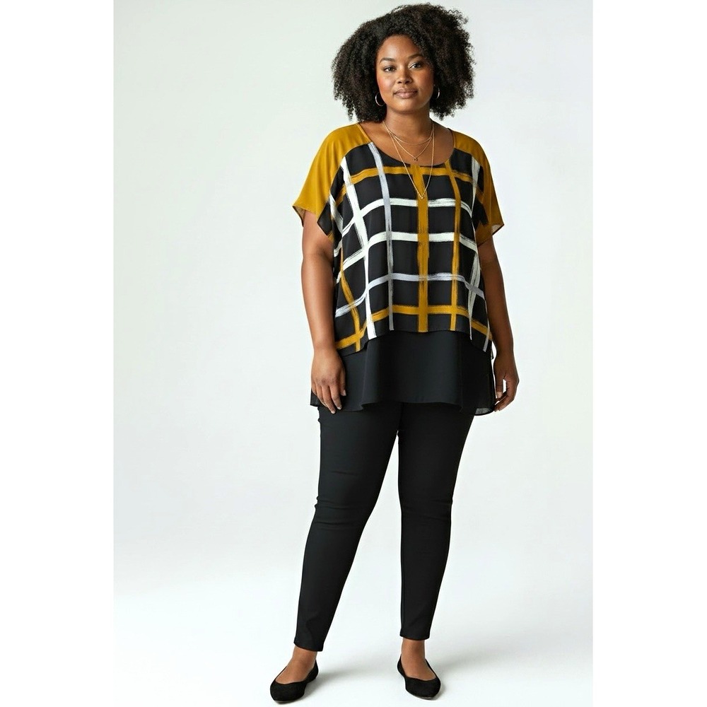 Alfani Womens 14W Plaid Chiffon Blouse Scoop Neck Short Sleeve Black Mustard